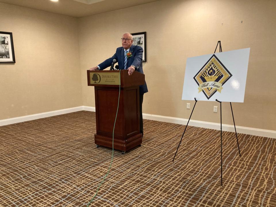 Former Syracuse University basketball coach Jim Boeheim, speaking before Greater Binghamton Sports Hall of Fame induction dinner, April 24, 2023.
