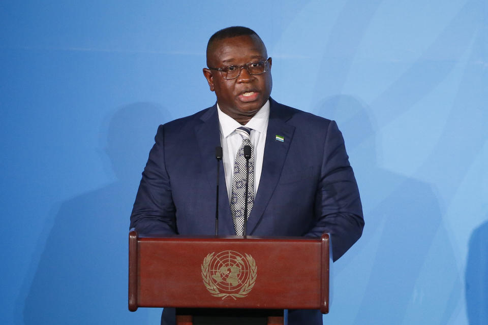 FILE - Sierra Leone's President Julius Maada Bio addresses the Climate Action Summit in the United Nations General Assembly at the U.N. headquarters, on Sept. 23, 2019. Sierra Leone's election commission says President Julius Maada Bio has won a second term in office. The announcement Tuesday, June 27, 2023 said that the incumbent leader had received 56.17% of ballots cast, just over the 55% needed to avoid a second round. (AP Photo/Jason DeCrow, File)