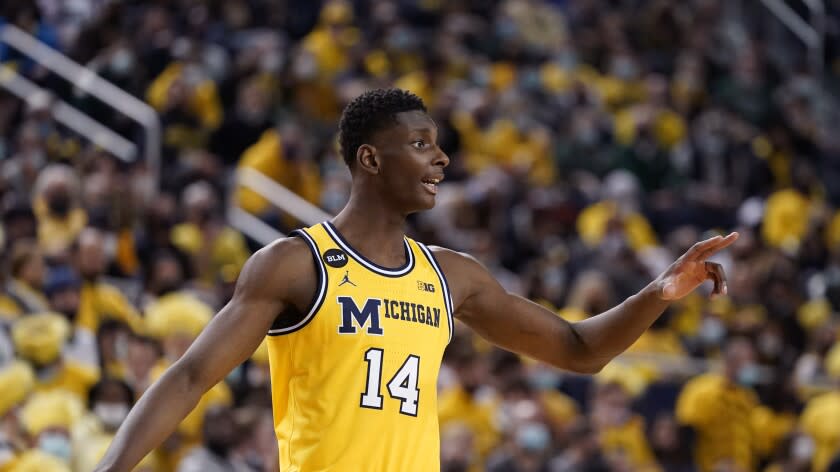 Michigan forward Moussa Diabate plays during the first half of an NCAA college basketball game.