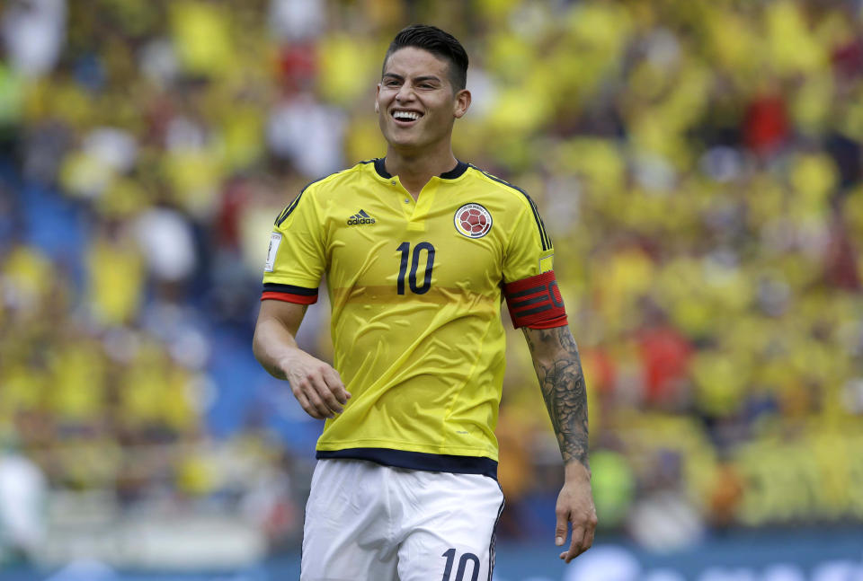 Colombia’s James Rodriguez smiles after an attempt on goal during a 2018 Russia World Cup qualifying match (AP Photo/Fernando Vergara)