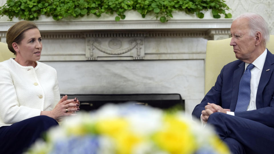 President Joe Biden meets with Denmark's Prime Minister Mette Frederiksen in the Oval Office of the White House in Washington, Monday, June 5, 2023. (AP Photo/Susan Walsh)