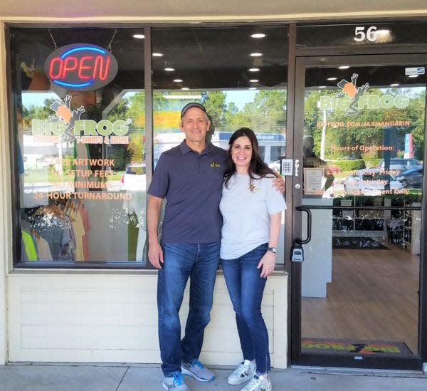 Owners Bobby and Joy Nebel of Big Frog Custom T-Shirts and More located in the Mandarin neighborhood.