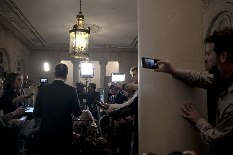 Chairman Adam Schiff (D-Calif.) speaks with the press during a break from the House Intelligence Committee hearing on the impeachment inquiry with Ambassador Gordon Sondland on Capitol Hill in Washington, D.C. on Nov. 20, 2019. | Gabriella Demczuk for TIME