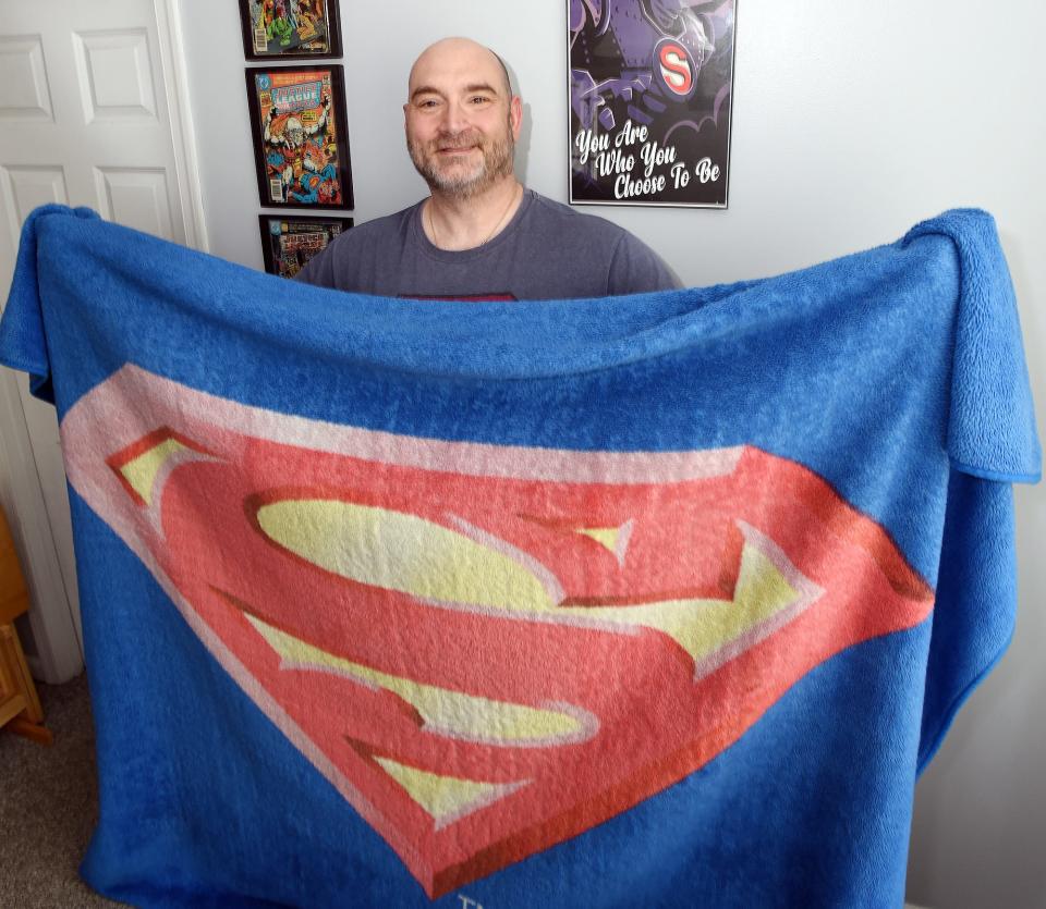 Steve Givens of Rehoboth Beach is a Superman fan who isn't ashamed to have this Man of Steel blanket, a big tribute to a character with ties to Delaware that was born on a Leap Year.