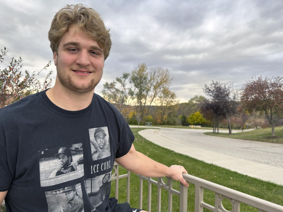 Luke Eckardt poses on the Iowa Western Community College campus in Council Bluffs, Iowa, Oct. 24, 2023. Eckardt was excited about the prospect of playing football for Deion Sanders. He didn't get a chance after being one of some 50 Colorado players cut after spring practice to make room for a flood of transfers. (AP Photo/Eric Olson)