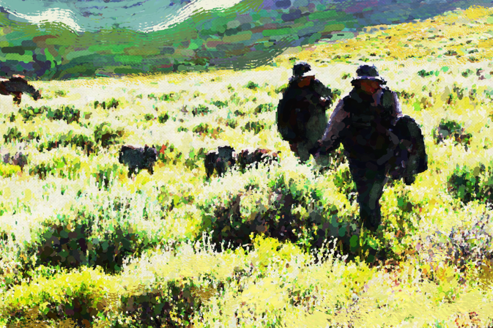 Two Peruvian sheepherders return from a day spent tending sheep in the mountains of Idaho, with three dogs in tow and a horse grazing in the background.