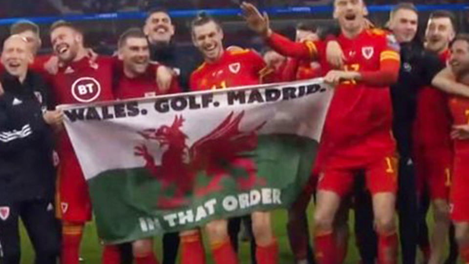 Gareth Bale trolled Real Madrid with a cheeky banner after Wales qualified for Euro 2020. (Getty Images)