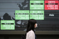A woman walks past an electronic stock board showing Japan's Nikkei 225 and other Asian countries indexes at a securities firm in Tokyo Wednesday, July 15, 2020. Shares were mostly higher in Asia on Wednesday as investors were encouraged by news that an experimental COVID-19 vaccine under development by Moderna and the U.S. National Institutes of Health revved up people’s immune systems just as desired. (AP Photo/Eugene Hoshiko)