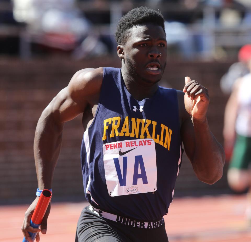 Mario Heslop of Franklin High School ran the anchor leg for his team in the 4x400 relay in the 2019 Penn Relays