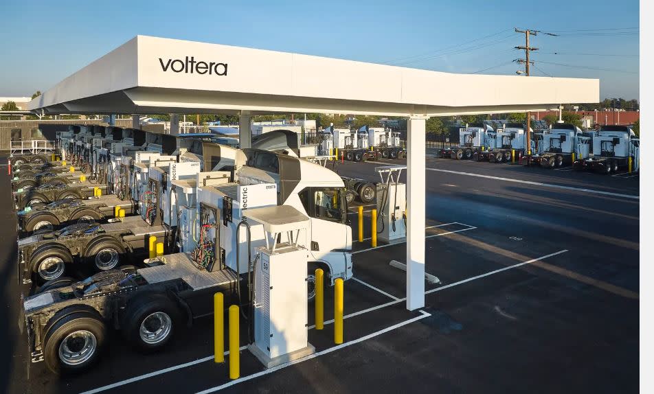 Voltera has invested $150 million in real estate to develop charging depots like the rendering above for heavy-duty <br>electric trucks. (Image: Voltera)