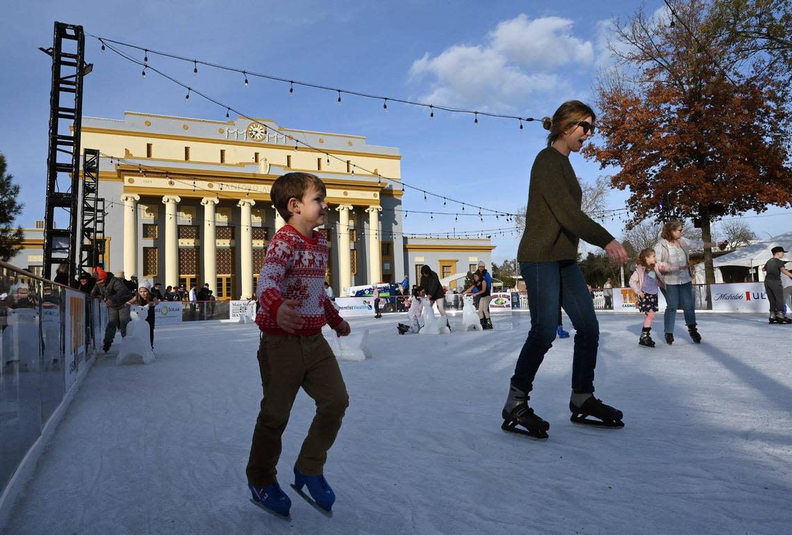 Ice skaters enjoy the ice rink at Hanford’s Winter Wonderland Wednesday, Dec. 28, 2022 in Hanford. Now in its second year, the ice rink will remain open every day through January 8.