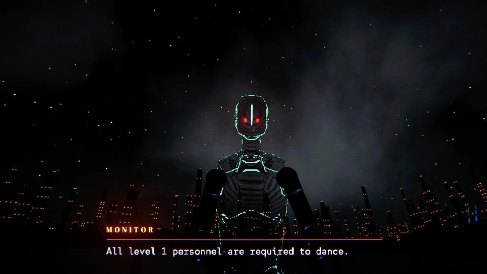 Hologram talking about men dancing