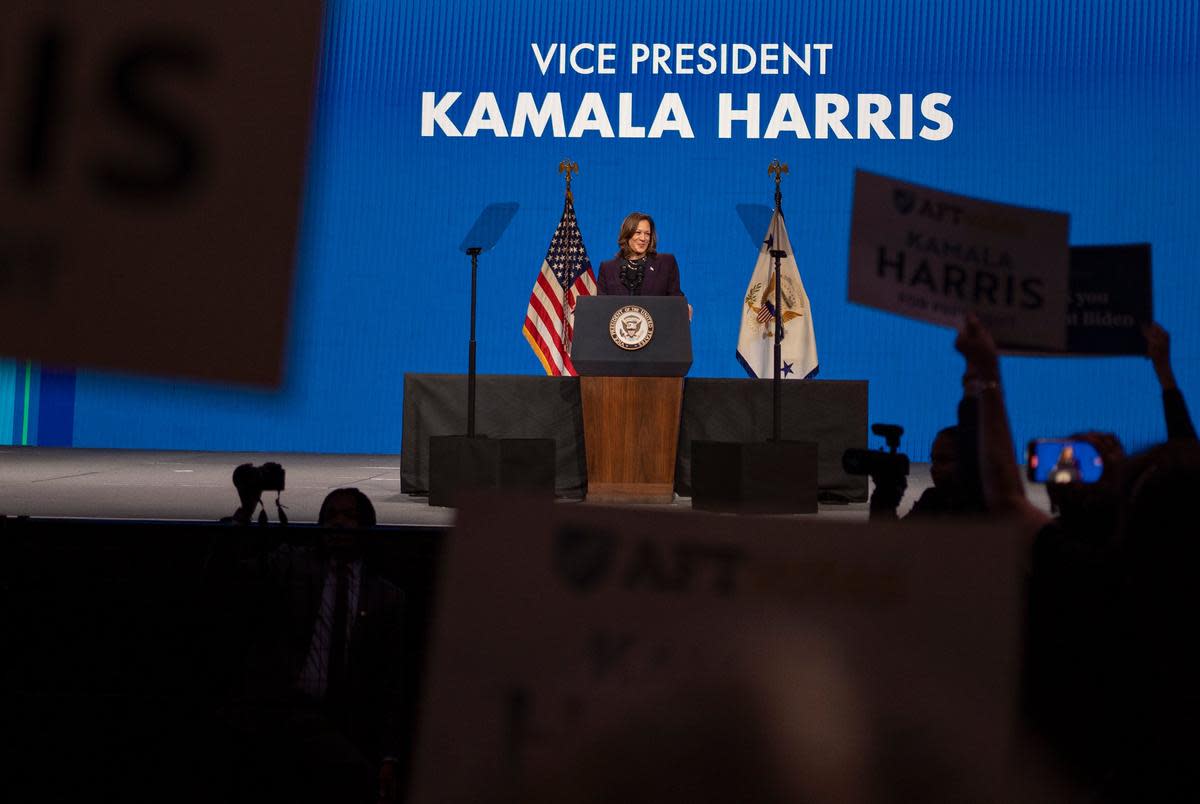 On July 25, 2024 at the George R. Brown Convention Center in Houston, Texas, Vice President Kamala Harris gives the keynote speech at the American Federation of Teachers’ 88th national convention.