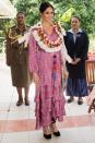 <p><strong>October 2018 </strong>She went to a morning tea reception at the British High Commissioner's Residence, in Fiji, in a Figue printed ruffled dress. </p>