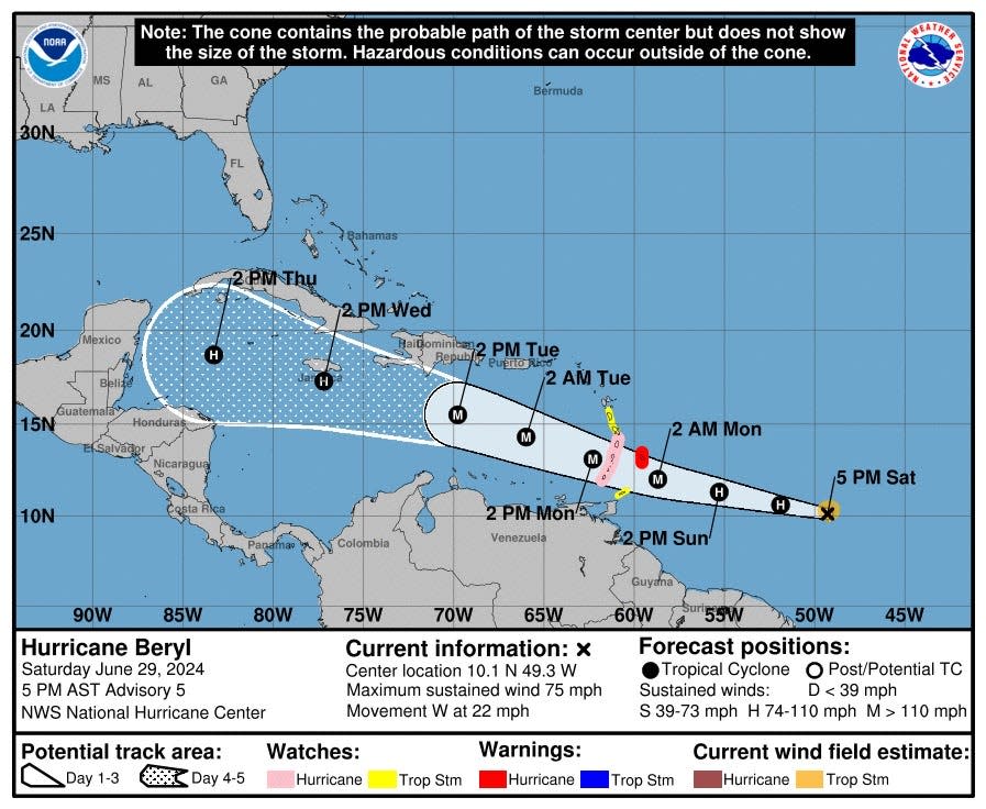 Hurricane Beryl formed Saturday afternoon, and is forecast to become a major storm for the Windward Islands.