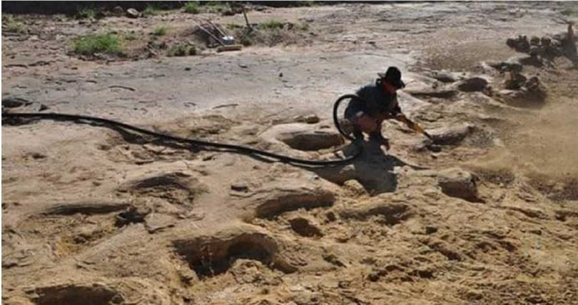 當地考古學家在溫頓鎮附近河床，發現3種不同品種恐龍留下的腳印。（圖／翻攝自The Guardian）