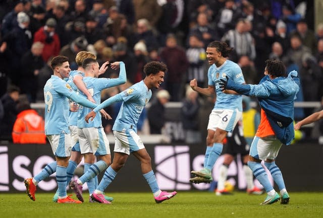 Oscar Bobb celebrates his winner at Newcastle