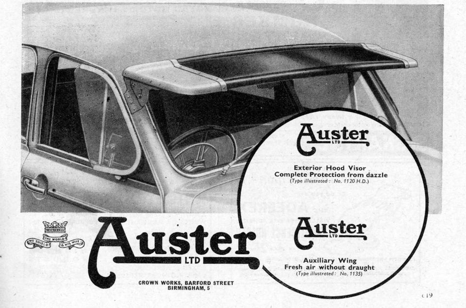 <p>Why bother with cumbersome sun glasses or tinted glass when you could just bolt a massive wing to the leading edge of your car's roof? Not only did it keep the sun out of your eyes but it had the added benefit of giving your Austin A35 some extra downforce.</p>