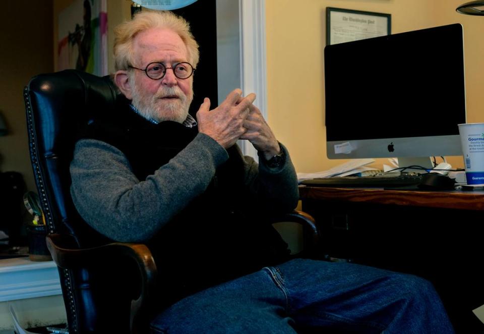 After serving 12 years, outgoing Mayor Billy Keyserling sits at his computer on Wednesday, Dec. 2, 2020 where he video conferences with city leaders at his home in Beaufort. Once out of office, Keyserling plans to devote his time to the National Park Service Reconstruction Era National Historical Park. “Can’t do the two at the same time,” he said as he showcased the many works of folk art covering the walls of his penthouse.