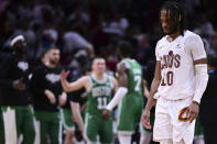 Cleveland Cavaliers guard Darius Garland (10) walks off the court after his team was defeated by the Boston Celtics in Game 4 of an NBA basketball second-round playoff series, Monday, May 13, 2024, in Cleveland. (AP Photo/David Dermer)