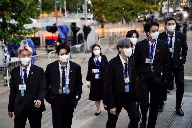 Members of BTS arrive at United Nations headquarters during the 76th Session of the UN General Assembly in New York City. (Photo: Pool via Getty Images)