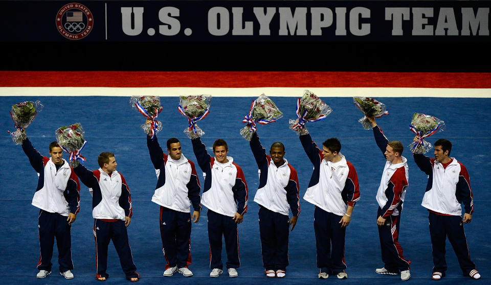 The U.S. Gymnastics men's team finalists (from left) Jacob Dalton, Jonathan Horton, Danell Leyva, Sam Mikulak, John Orozco, and replacements Chris Brooks, Steven Legendre and Alexander Naddour pose for a team picture after they were announced as the team going to the 2012 London Olympics at HP Pavilion on July 1, 2012 in San Jose, California. (Photo by Ronald Martinez/Getty Images)