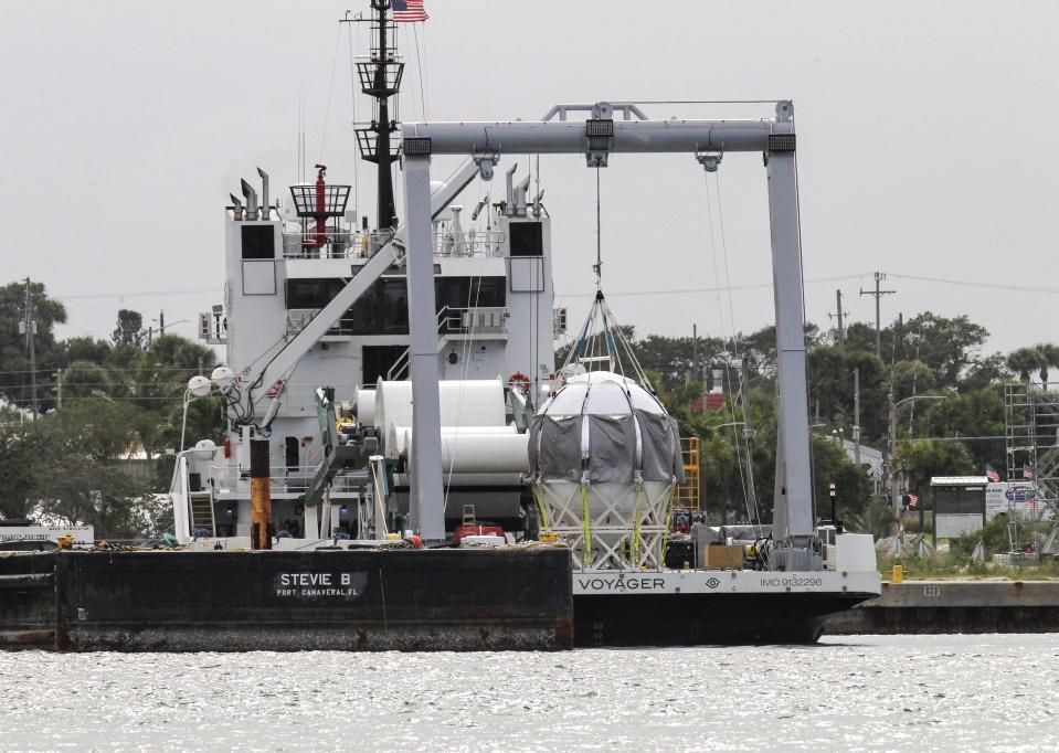 A ship named Voyager is seen docked at Beyel Brothers pier at the Port of Fort Pierce on Wednesday, Sept 4, 2024. The ship holds the prototype sphere Neptune from Space Perspective that will ferry passengers into the stratosphere.