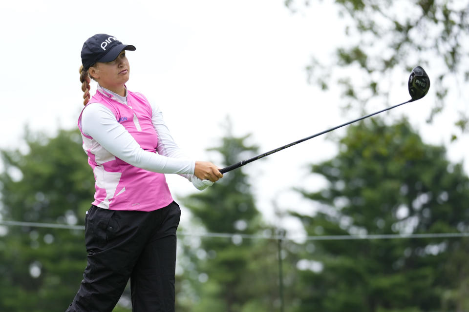 Celine Borge, of Norway, tees off on the fifth hole during the first round of the Women's PGA Championship golf tournament, Thursday, June 22, 2023, in Springfield, N.J. (AP Photo/Matt Rourke)
