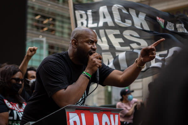 Hawk Newsome, President of Black Lives Matter of Greater New York, in Times Square for a demonstration to announced their plan to enact Law Enforcement Reform Policies and the “I CAN’T BREATHE ACT.” (Photo by Michael Nigro/Pacific Press/LightRocket via Getty Images)