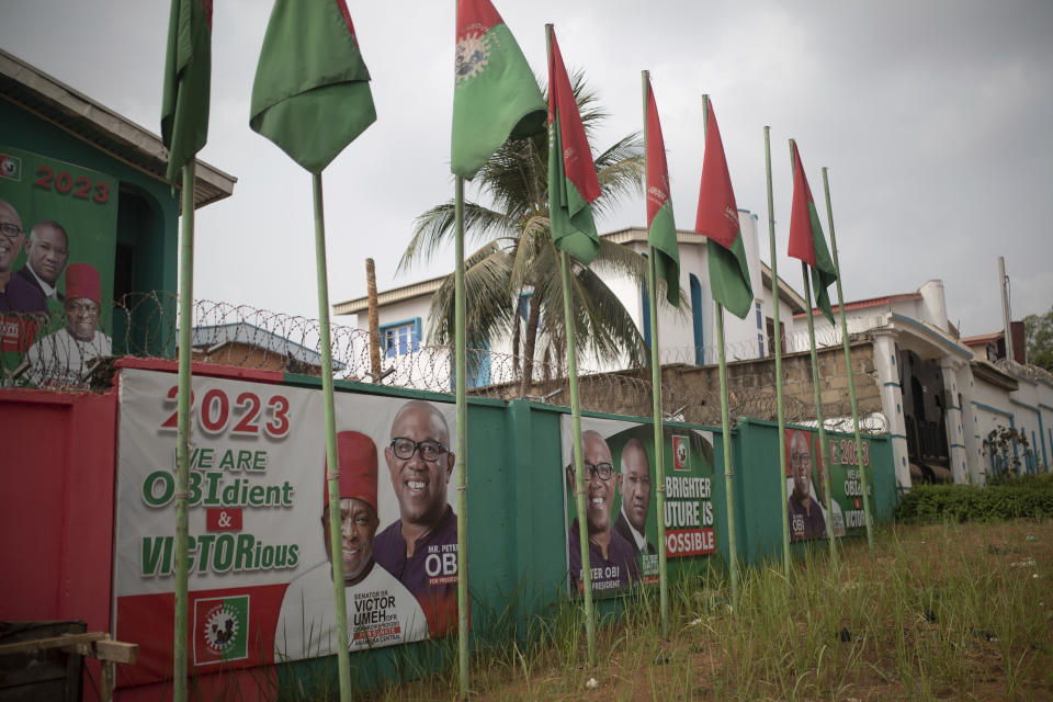 Campaign posters for presidential candidate Peter Obi are placed at his party's headquarters, in Anambra, Nigeria, Friday, Feb. 24, 2023. Nigerian voters are heading to the polls Saturday to select a new president following the second and final term of incumbent President Muhammadu Buhari. (AP Photo/Mosa'ab Elshamy)