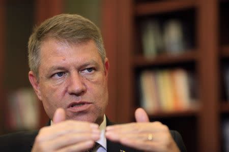 Romania's incoming President Klaus Iohannis gestures during an interview with Reuters at his campaign office in Bucharest November 25, 2014. REUTERS/Radu Sigheti