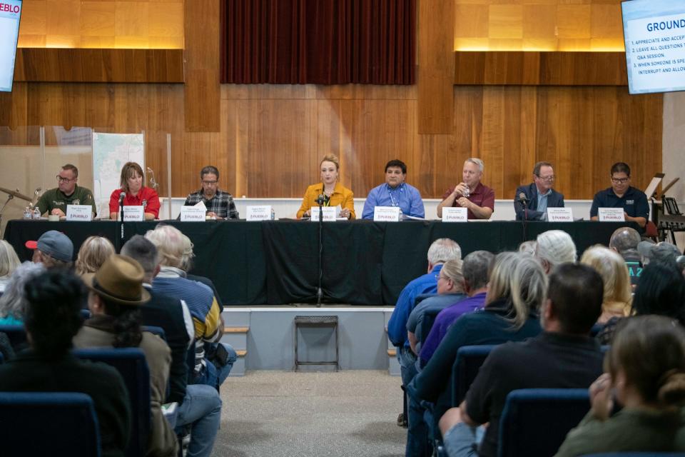 A panel including Pueblo Mayor Heather Graham, center, and Pueblo County Commissioner Eppie Griego, center left, listen to concerns during a District 4 town hall meeting at the Lake Avenue Community Church on Thursday, March 28, 2024.