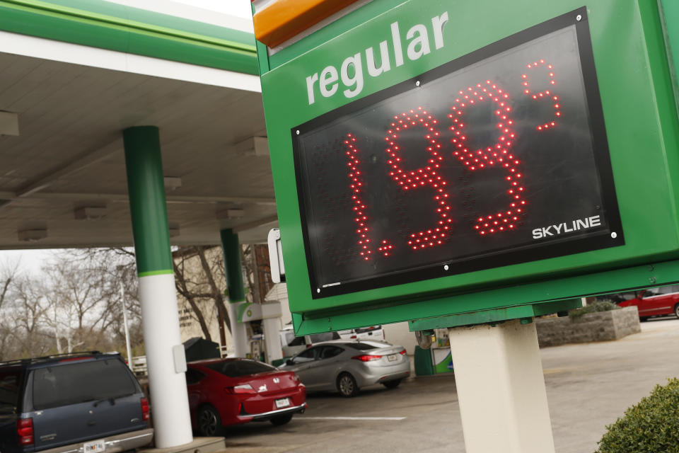 FILE - In this Tuesday, Jan. 8, 2019, file photo drivers fill up at the BP station on Prince Avenue in Athens, Ga. The average U.S. price of regular-grade gasoline has dropped 12 cents a gallon (3.8 liters) over the past three weeks to $2.31. Industry analyst Trilby Lundberg of the Lundberg Survey says Sunday, Jan. 13, that falling crude oil costs are the main reason for the decrease at the pump. The average gas price has dropped 66 cents over the past 3 ½ months. The highest average price in the nation is $3.46 a gallon in the San Francisco Bay Area. The lowest average is $1.80 in Baton Rouge, Louisiana. (Joshua L. Jones/Athens Banner-Herald via AP, File)