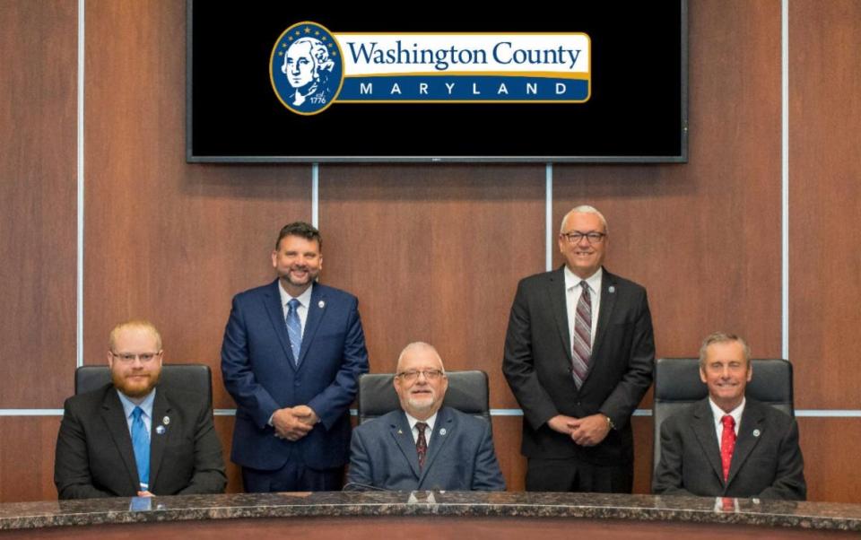 The 2018-22 Washington County Board of Commissioners included, from left, Wayne Keefer, Charles Burkett, Commissioners President Jeff Cline, Randall Wagner, and Commissioners Vice President Terry Baker.