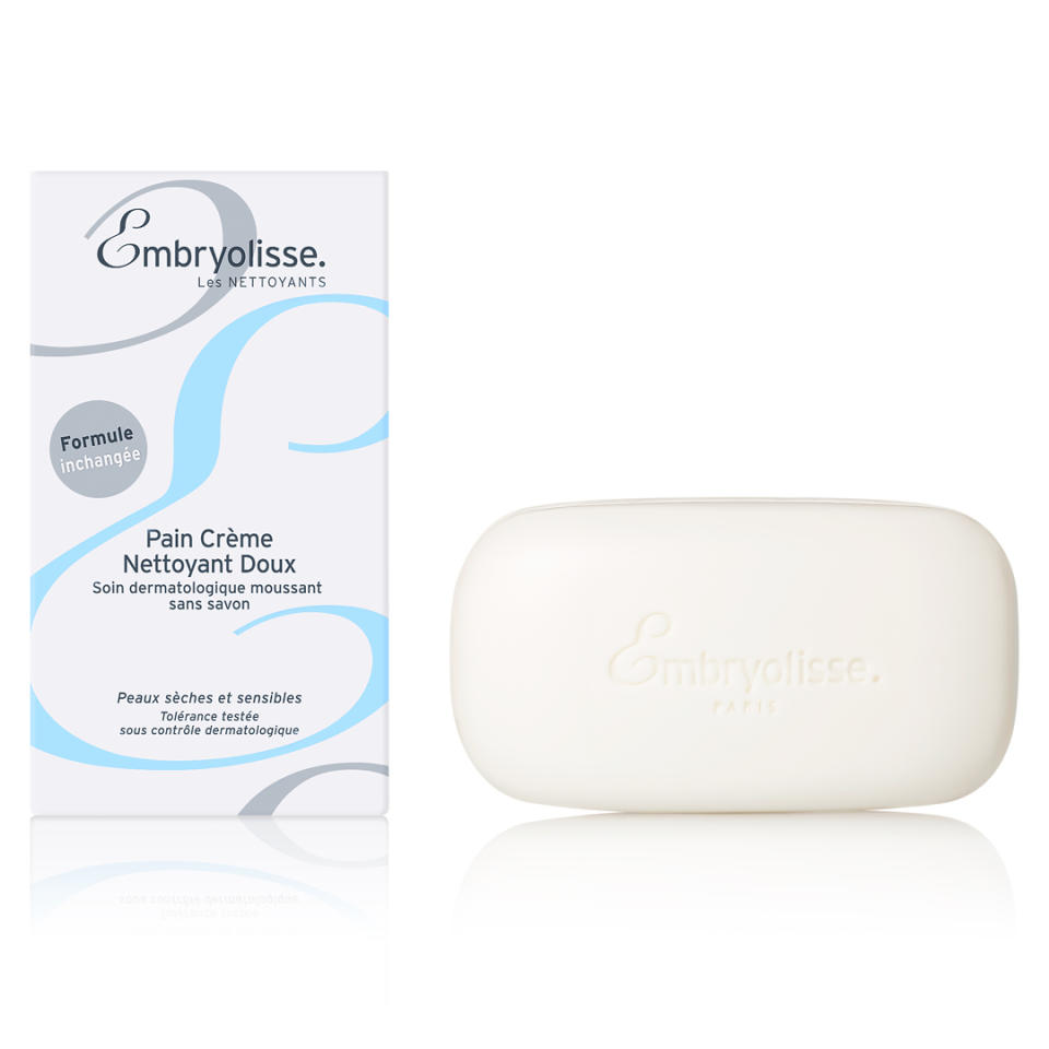 <p><a href="https://us.embryolisse.com/shop/gentle-cleansing-bar-face-and-body-soap-free-bar-35-oz-paraben-free-made-in-france/" rel="nofollow noopener" target="_blank" data-ylk="slk:Shop Now;elm:context_link;itc:0;sec:content-canvas" class="link ">Shop Now</a></p><p>Gentle Cleansing Bar</p><p>embryolisse.com</p><p>$11.00</p>