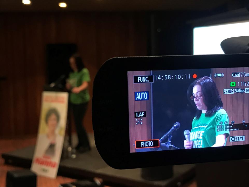 Green Party leader Clare Bailey speaks at the election launch for South Belfast SDLP candidate Claire Hanna (Rebecca Black/PA)