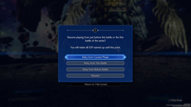 Pictured: The Retry Battle menu as of Update 1.030. - Screenshot: Square Enix / Claire Jackson / Kotaku