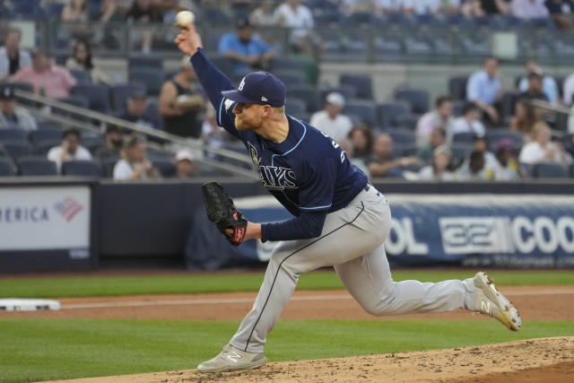 Tampa Bay Rays pitcher Drew Rasmussen delivers against the New York Yankees during the second inning of a baseball game Thursday, May 11, 2023, in New York. (AP Photo/Mary Altaffer)