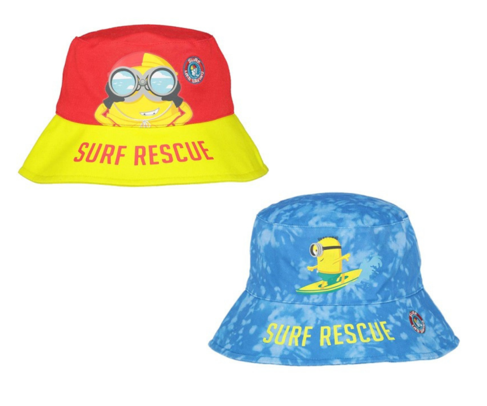 Top right: A red and yellow kids bucket hat with a minion wearing a red and yellow swim cap holding binoculars to its eyes and Surf Rescue written on the yellow brim. Beneath is a mottled blue bucket hat with a minion surfing on a yellow surfboard with Surf Rescue written in yellow on the blue brim.