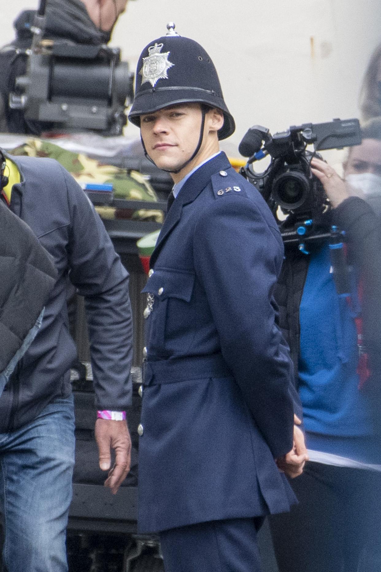 Harry Styles is seen in character on the set of "My Policeman" on May 4, 2021, in Brighton, England.