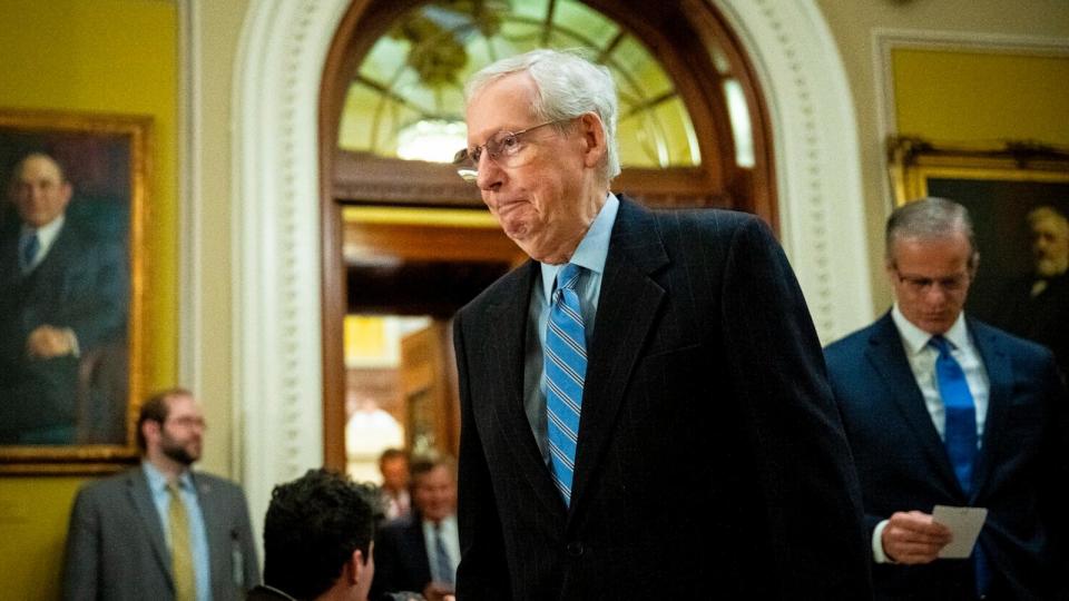 PHOTO: Senator Mitch McConnell arrives for the weekly Senate Republican Leadership press conference, at the U.S. Capitol, in Washington, D.C., on December 5, 2023. (Graeme Sloan/Sipa USA via AP)