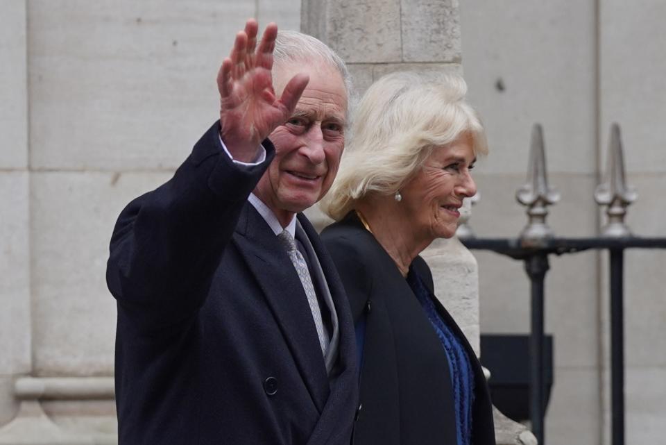 Queen Camilla, accompanies her husband, King Charles III as he leaves the London Clinic in central Londo (PA)