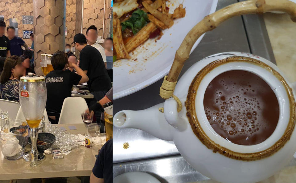 Whimsical Bar and Create Kitchen allowed more than groups of more than five to gather (left). S-Tripes Hotpot had sold alcoholic beverages after 10.30pm, with the beverages transferred into teapots and empty green tea bottles to avoid detection. (PHOTOS: SFA)
