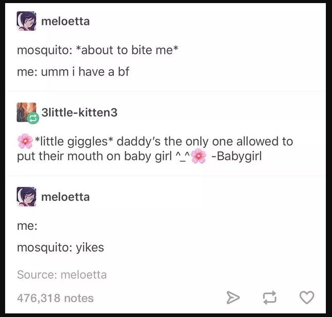 A screenshot of a Tumblr post with humorous exchanges about mosquitoes and nicknames