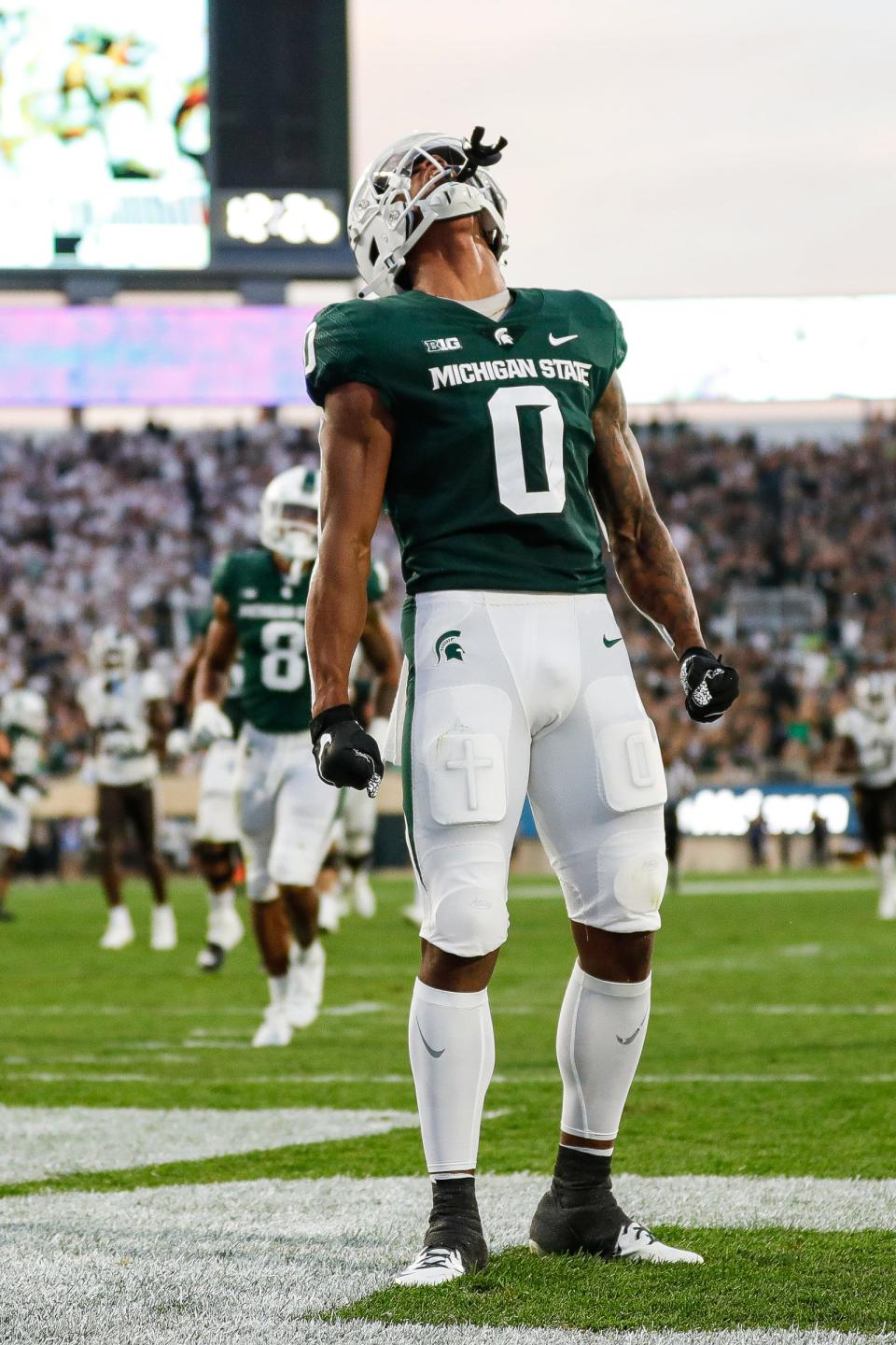 Michigan State wide receiver Keon Coleman (0) scores a touchdown against Western Michigan during the first half at Spartan Stadium in East Lansing on Friday, Sept. 2, 2022.