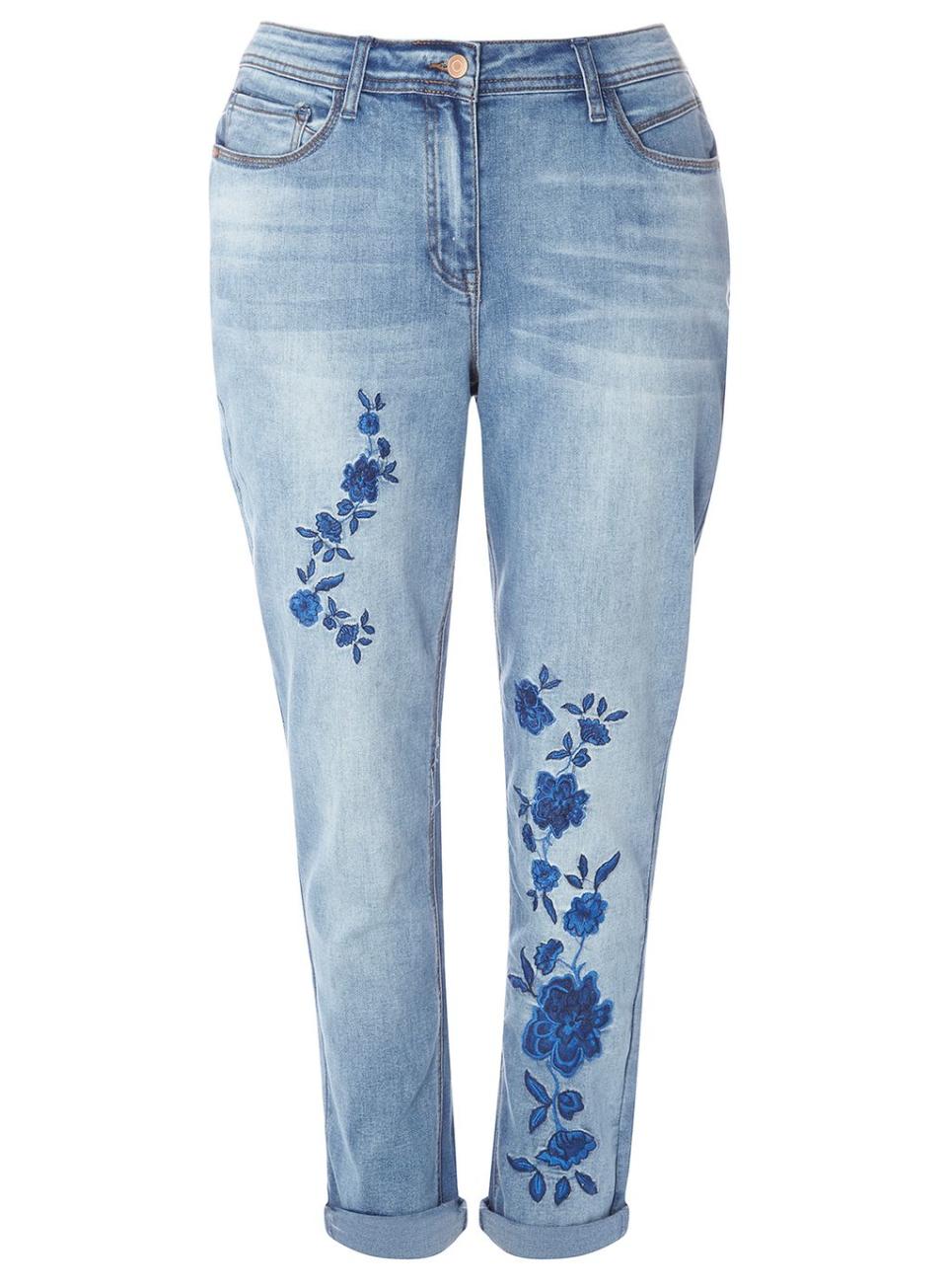 <p>Blue embroidered boyfriend jeans, £40, <a rel="nofollow noopener" href="http://www.evans.co.uk/en/evuk/product/clothing-250468/jeans-denim-250511/blue-embroidered-boyfriend-jeans-6445293?bi=0&ps=20&intcmpid=Featured:EV%3ACategory%3AClothing%20%3E%20Jeans%20%26%20Denim|(34R56XDNM)Blue%20Embroidered%20Boyfriend%20Jeans" target="_blank" data-ylk="slk:Evans;elm:context_link;itc:0;sec:content-canvas" class="link ">Evans</a></p>