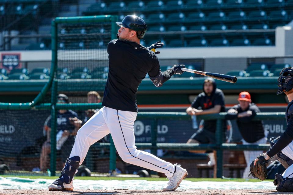 Detroit Tigers infielder Colt Keith bats during spring training at Joker Marchant Stadium in Lakeland, Florida, on Thursday, Feb. 22, 2024.