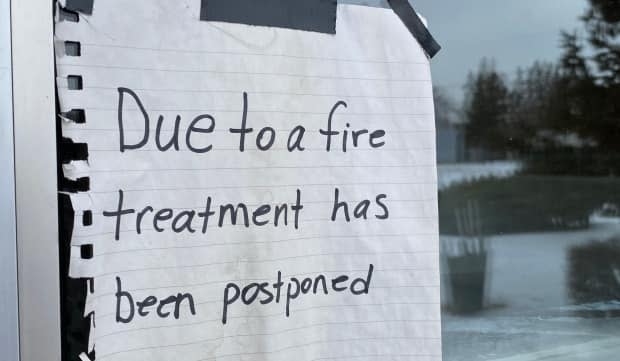 A sign remains on the door of the former Pine Lodge treatment centre in Indian Head. It has not served inpatient residents since fire and smoke caused extensive damage on Christmas Eve. 