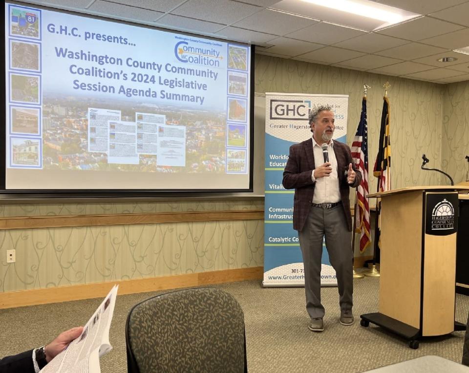 Jim Kercheval, executive director of the Greater Hagerstown Committee, speaks during a breakfast hosted by the committee at Hagerstown Community College on Nov. 6, 2023.