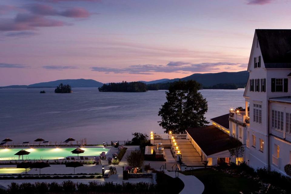 Sunset view of exterior and pool at The Sagamore Resort